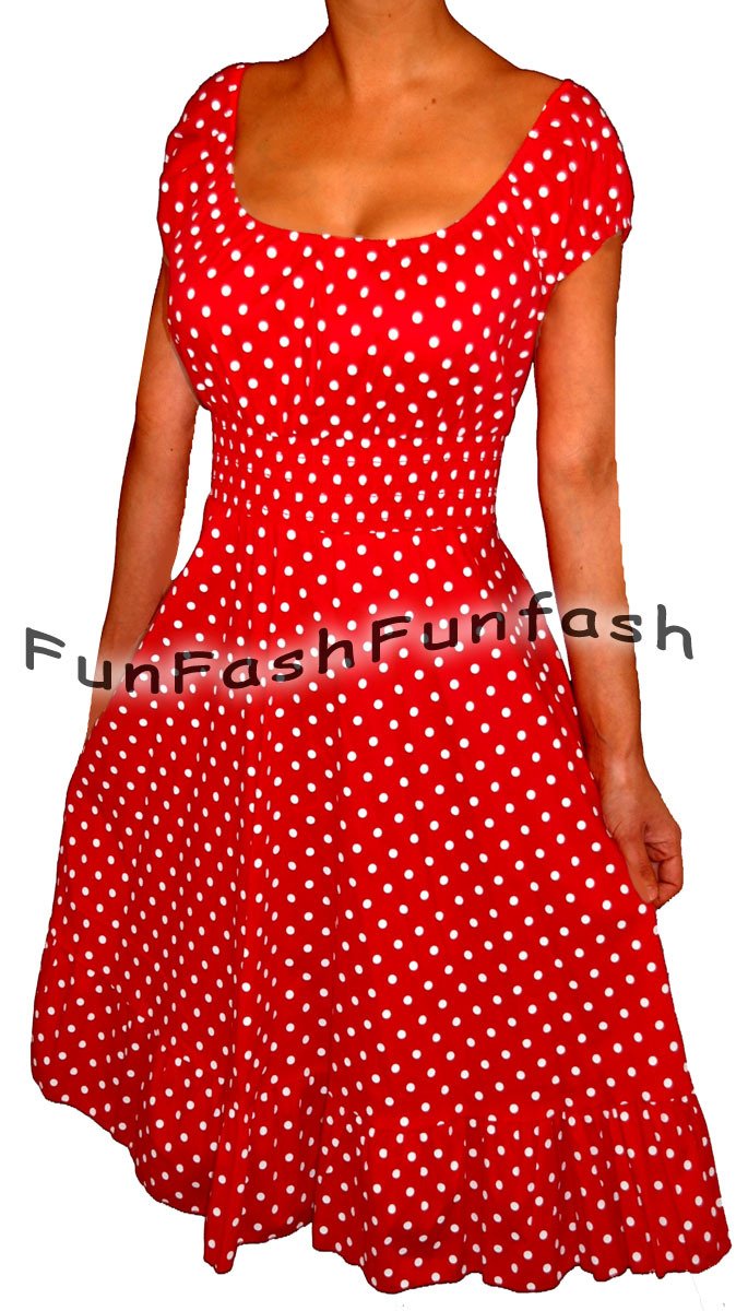 GT1 FUNFASH RED WHITE POLKA DOTS ROCKABILLY PEASANT PLUS SIZE DRESS 1X XL 16