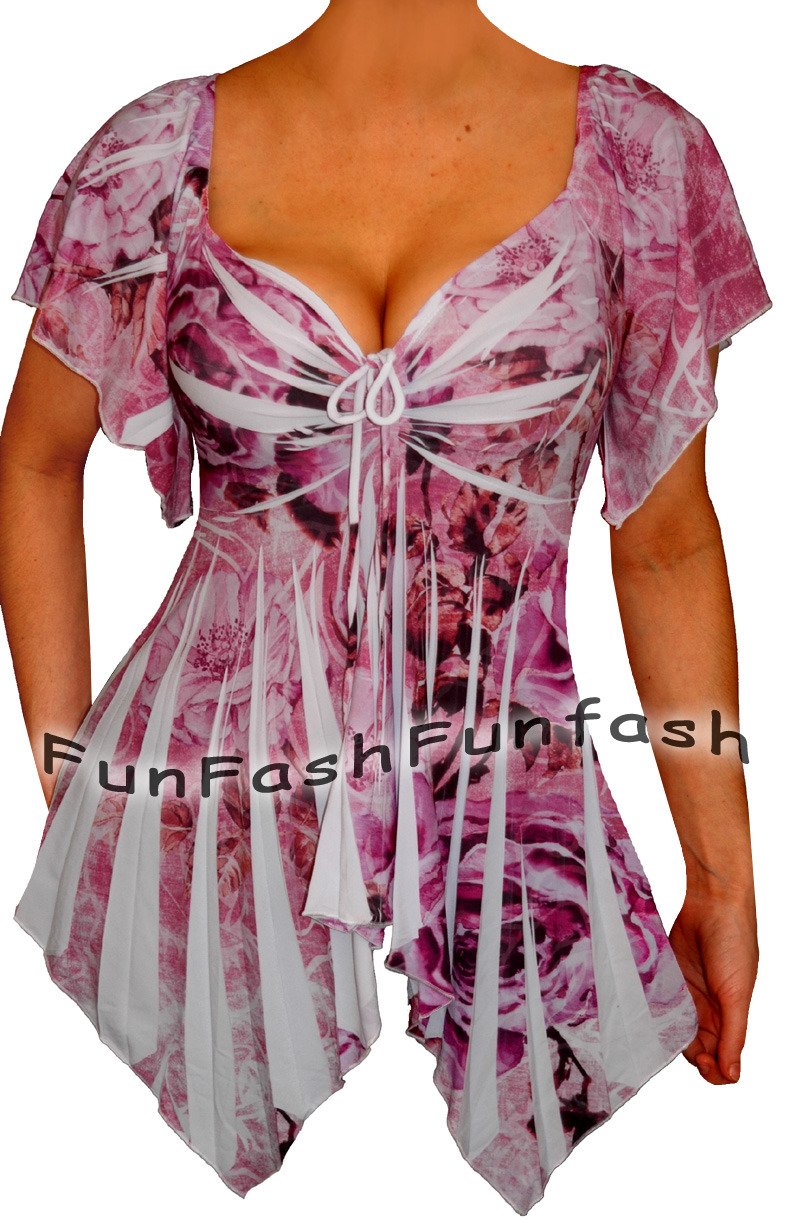 RT2 FUNFASH PINK WHITE EMPIRE WAIST SLIMMING WOMENS PLUS SIZE TOP SHIRT 1X 18 20
