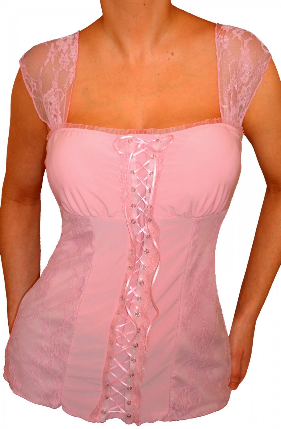 QR20 FUNFASH COTTON CANDY PINK LACE BUSTIER PLUS SIZE CORSET TOP SHIRT 1X 18 20