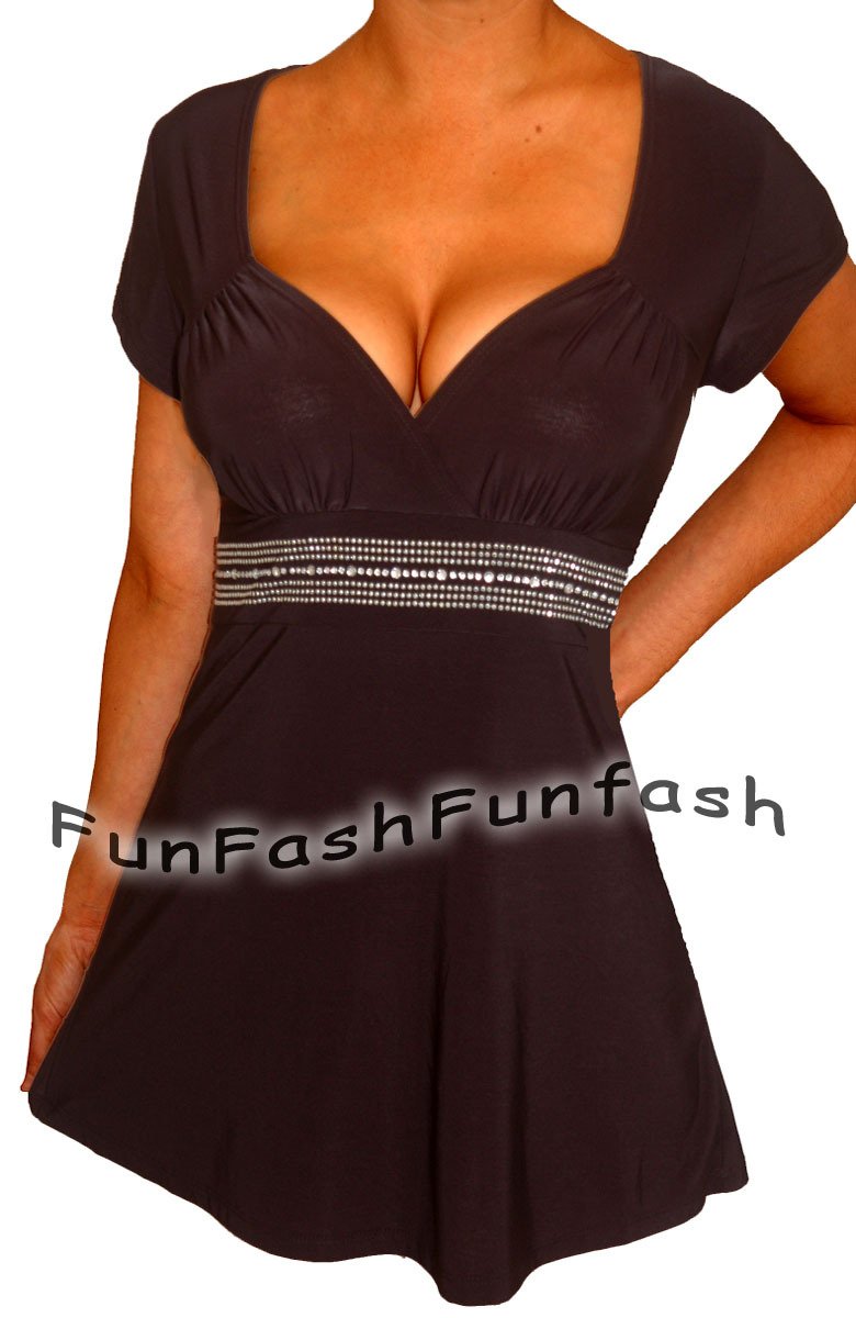 DD1 FUNFASH BLACK RHINESTONES EMPIRE WAIST WOMENS PLUS SIZE TOP SHIRT 1X XL 16