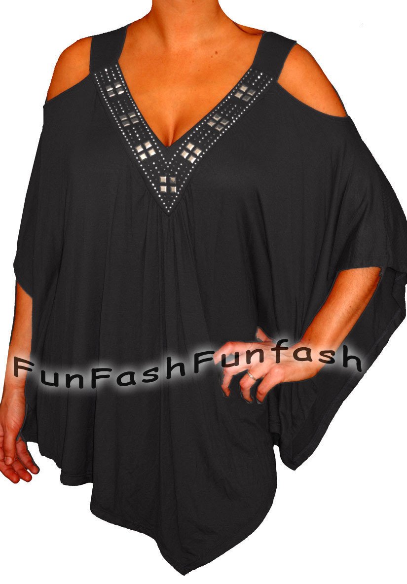 PS1 FUNFASH PLUS SIZE BLACK BEADS ANGEL SLEEVES PLUS SIZE TOP SHIRT NEW 1X XL 16