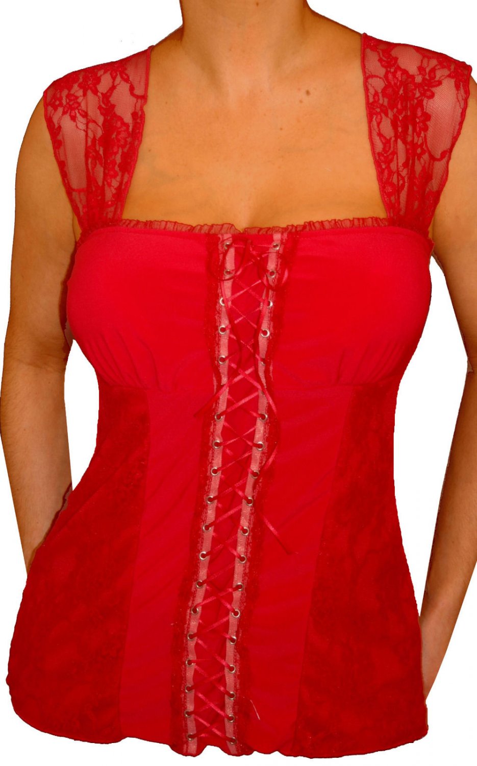 MY10 FUNFASH CANDY APPLE RED LACE BUSTIER PLUS SIZE CORSET TOP SHIRT 1X XL 16