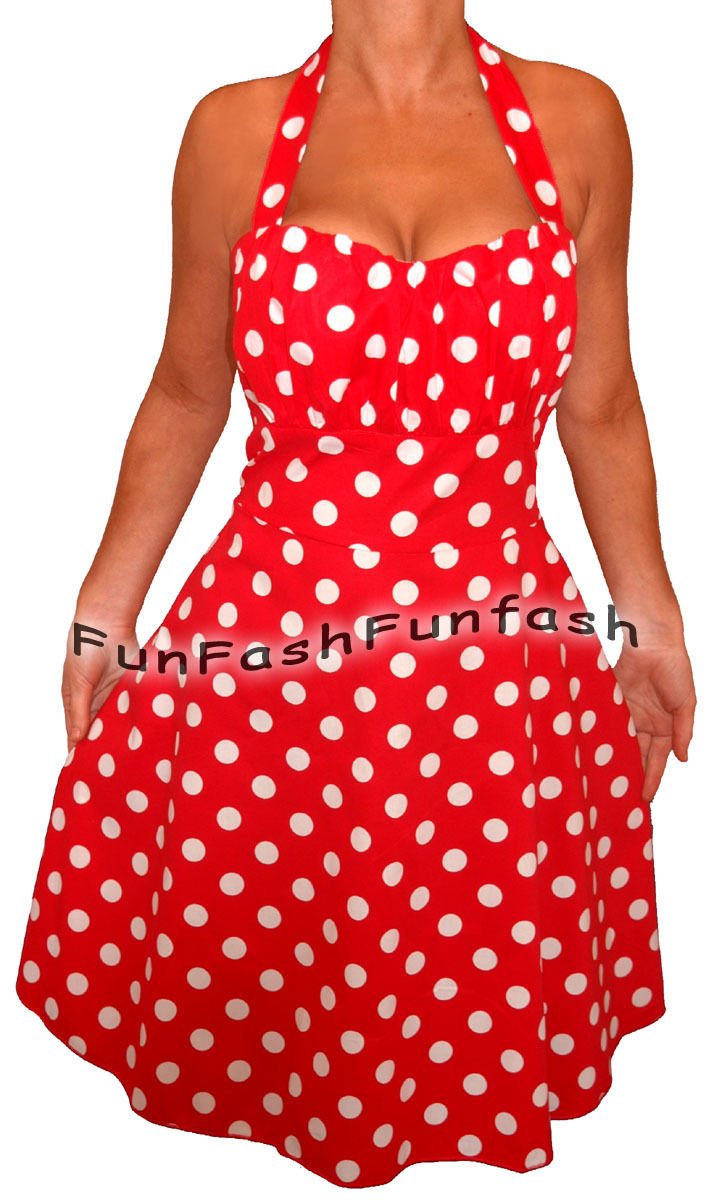 LR1 FUNFASH NEW RED WHITE POLKA DOTS ROCKABILLY HALTER PLUS SIZE DRESS 1X XL 16