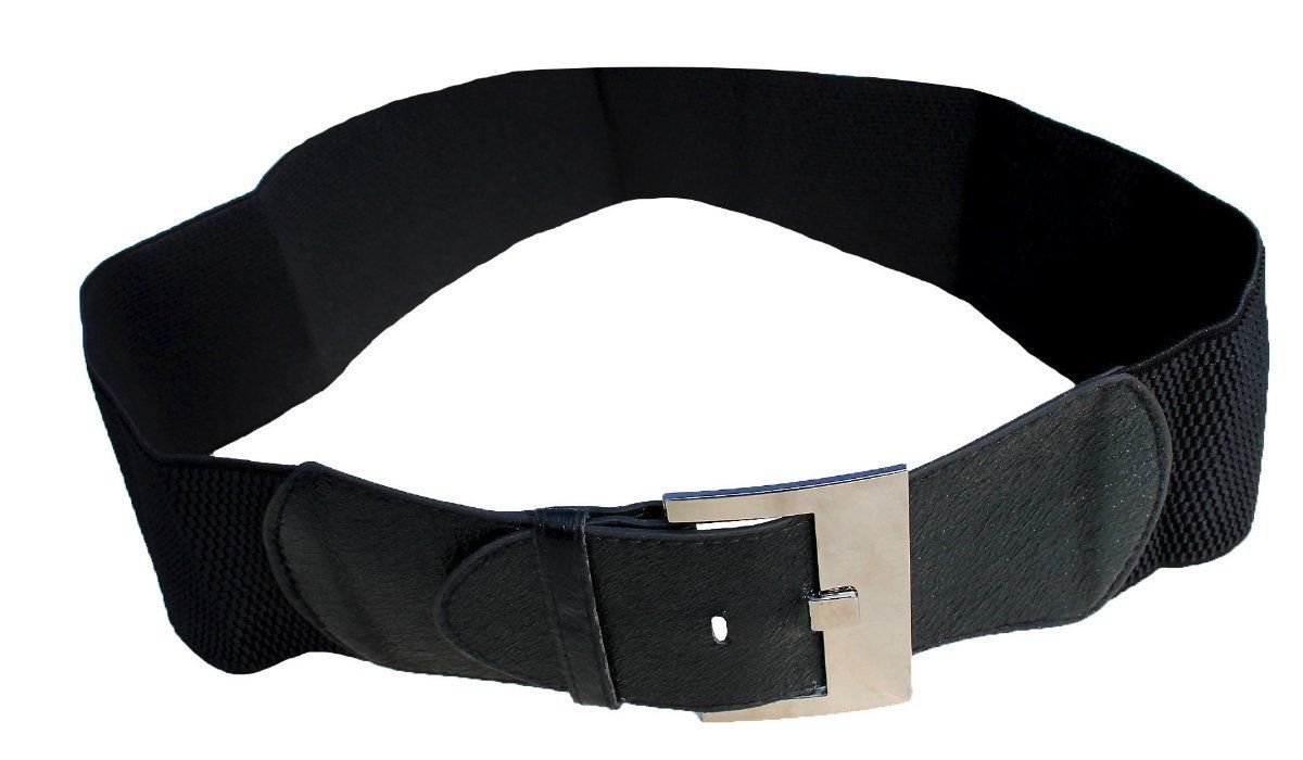 B006 Funfash Plus Size New Black Leatherette Silver Buckle Elastic Belt One Size