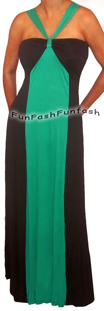 KT1 FUNFASH GREEN BLACK COLOR BLOCK HALTER LONG MAXI PLUS SIZE DRESS 1X XL 16