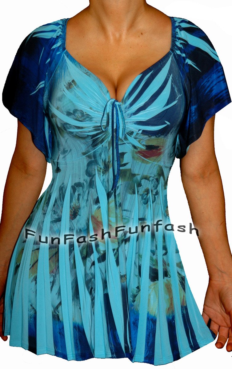 EY9 FUNFASH BLUE FLORAL SLIMMING EMPIRE WAIST WOMENS TOP SHIRT Size LARGE 9 11