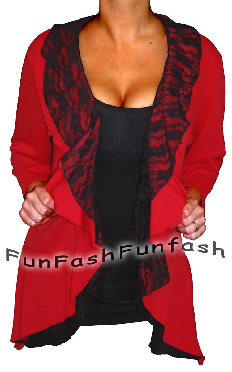AT9 FUNFASH RED BLACK LACE LAYERED CARDIGAN TOP SHIRT WOMENS Size L Large 9 11
