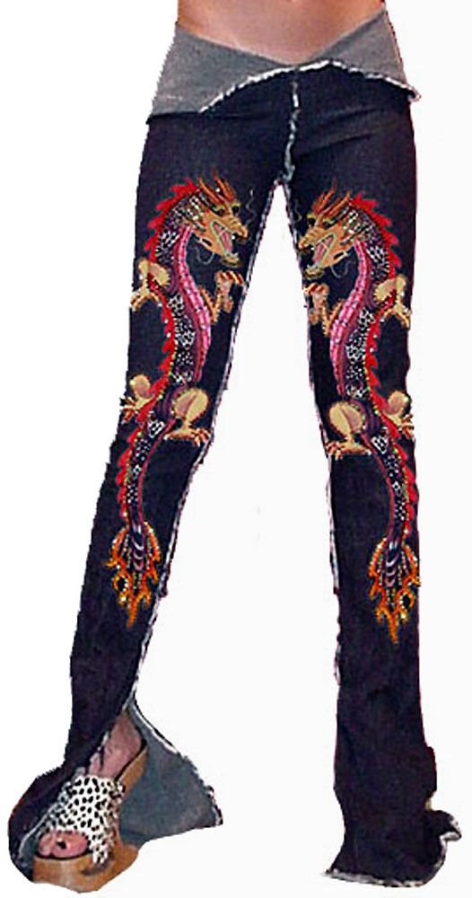 ZK7 FUNFASH SKINNY STRETCHY PINK PAINTED BEADED DRAGON DENIM PANTS JEANS SMALL