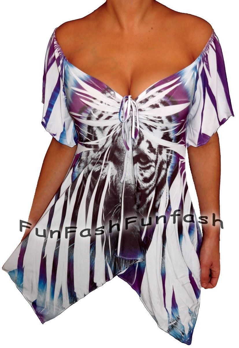 WL9 FUNFASH SLIMMING WHITE TIGER FACE EMPIRE WAIST TOP SHIRT Size L LARGE 9 11