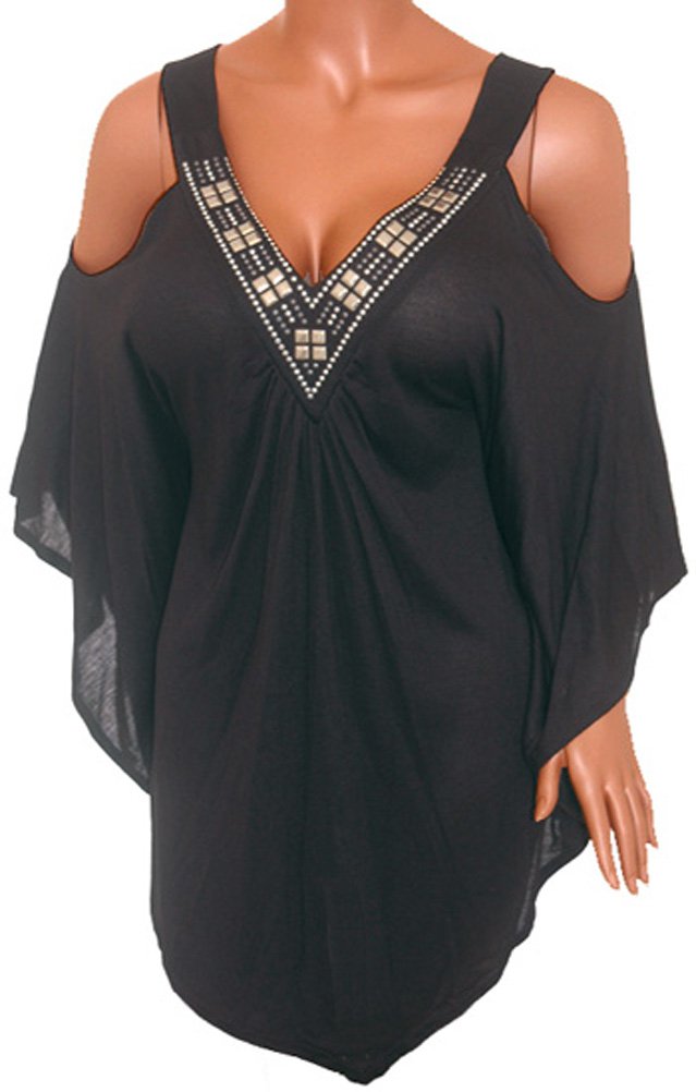 PS2 FUNFASH PLUS SIZE BLACK BEADS ANGEL SLEEVES PLUS SIZE TOP SHIRT NEW 1X 18 20