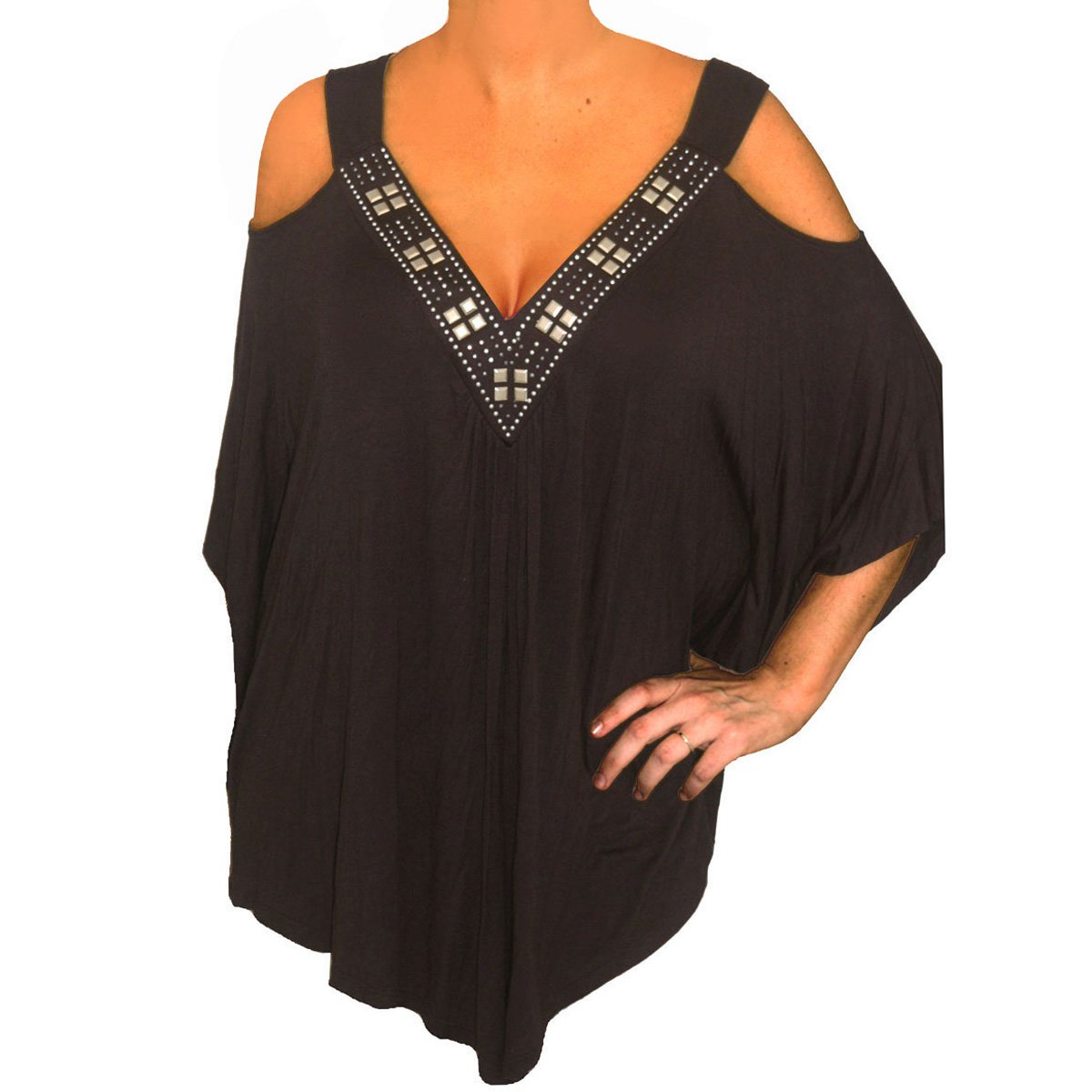 PS3 FUNFASH PLUS SIZE BLACK BEADS ANGEL SLEEVES PLUS SIZE TOP SHIRT NEW 2X 22 24