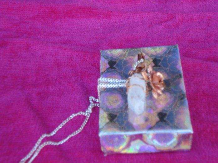 YING/YANG QUARTZ CRYSTAL PENDANT/COPPER ROSE DANGLE