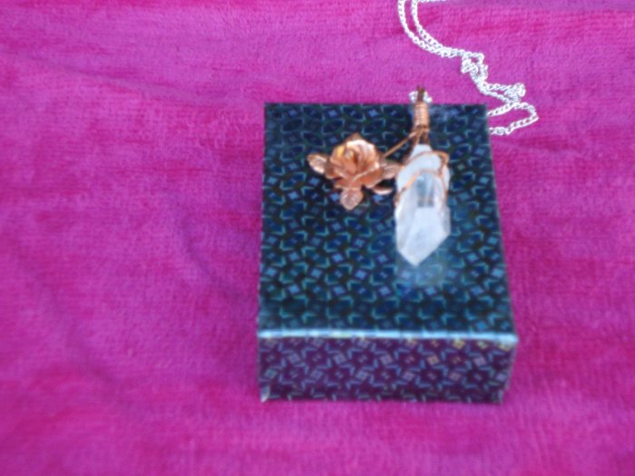 WIRE WRAPPED TIME LINK, KEY QUARTZ CRYSTAL PENDANT W /COPPER ROSE
