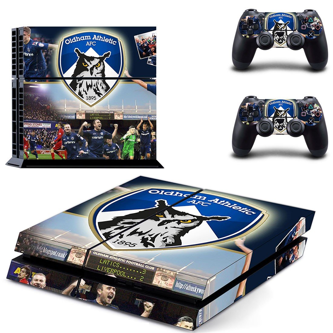 Oldham athletic AFC skin decal for PS4 PlayStation 4 console and 2 controllers