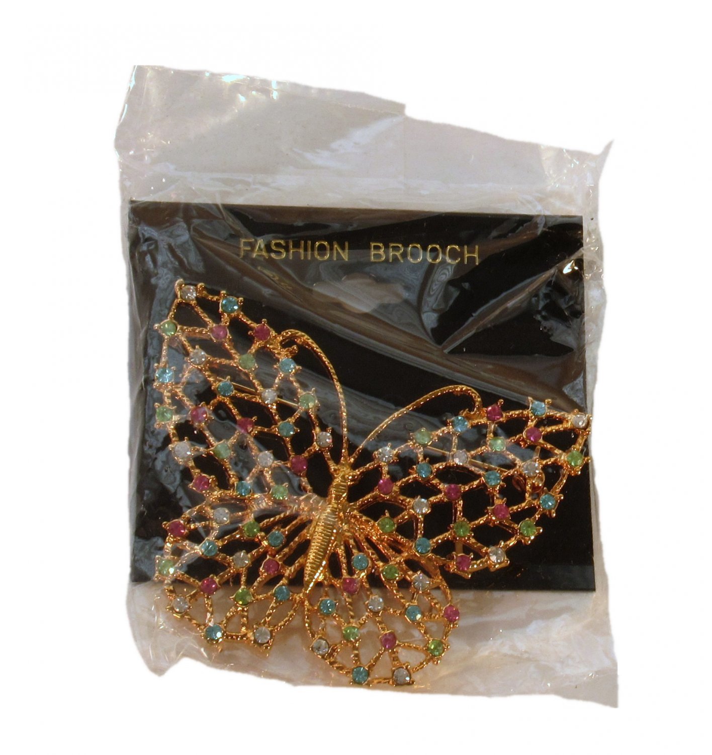 Gold Tone Rhinestone Butterfly Fashion Brooch Pin