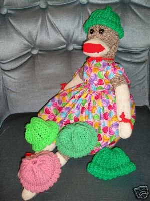 Bright Green Sock Monkey knit hat cap NEW Handmade