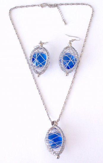 FLOATING CREATED SAPPHIRE NECKLACE AND EARRING SET BY SCHANDRA JEWELRY
