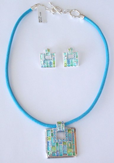 COOL BLUE ENAMEL AND SWAROVSKI CRYSTAL TOGGLE NECKLACE AND EARRING SET BY SCHANDRA JEWELRY