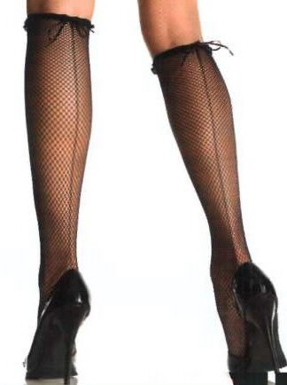 Lycra Fishnet Backseam Knee Highs with Ribbon