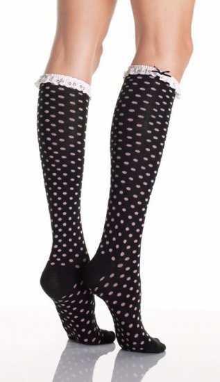 Acrylic Polka Dot Knee Socks with Eyelet Ruffle & Bow