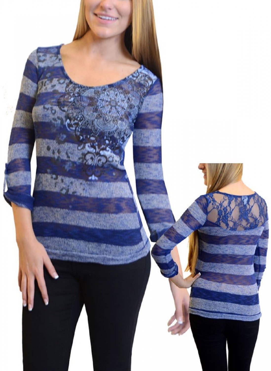 Vanity Womens S Blue Stripe Knit Shirt with Lace Back New