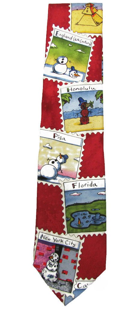 John Ashford Red Snowman Vacation Stamps Silk Neck Tie New Necktie
