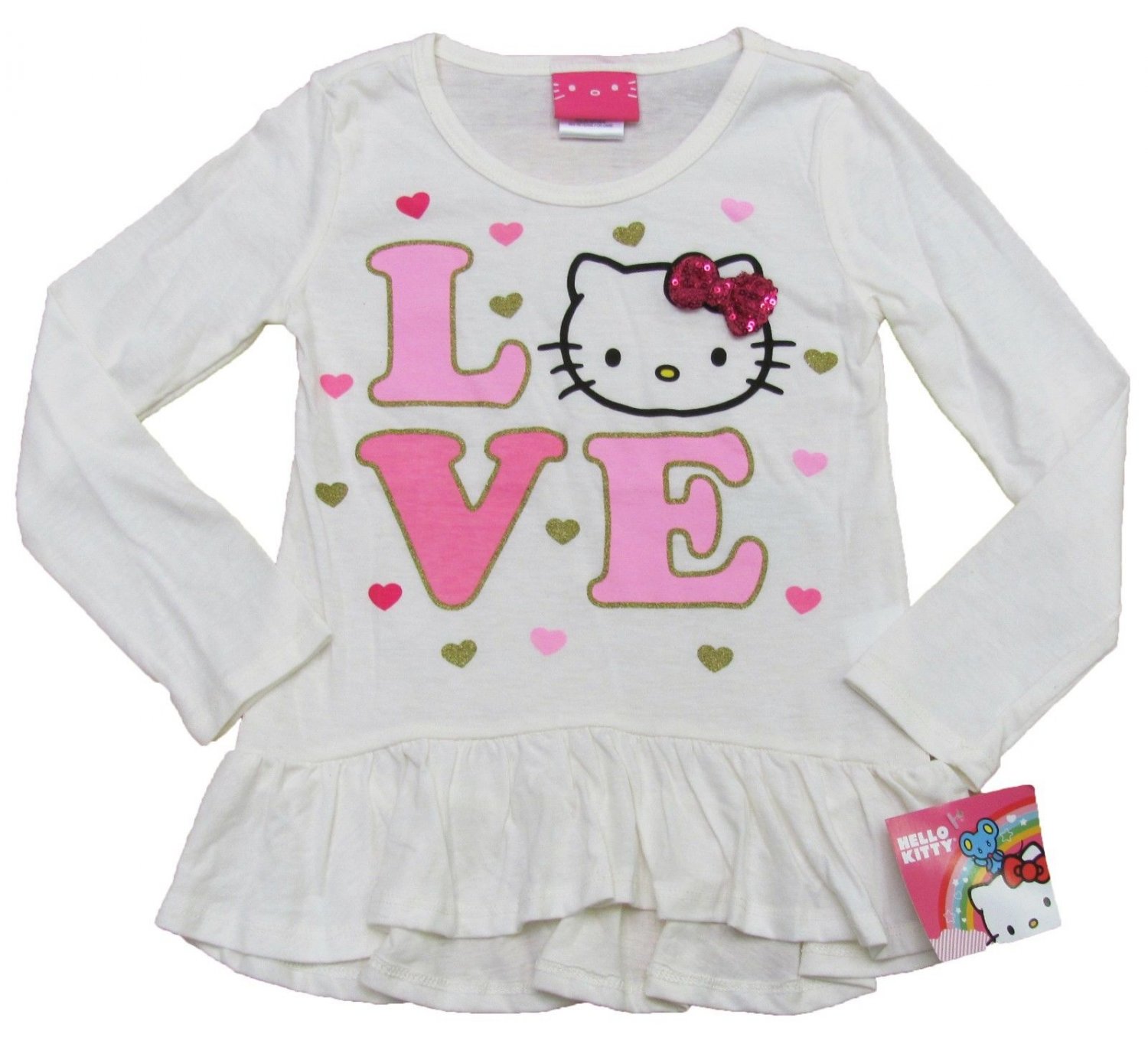 Hello Kitty Girls size 6 Long Sleeve Tee Shirt Ivory and Pink Love T