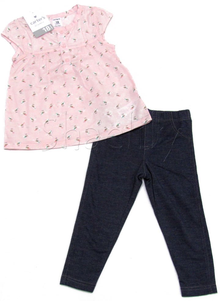 Carters Girls 18 Mos Light Pink Little Bird Tunic Shirt and Blue Jeggings 2-Piece Set