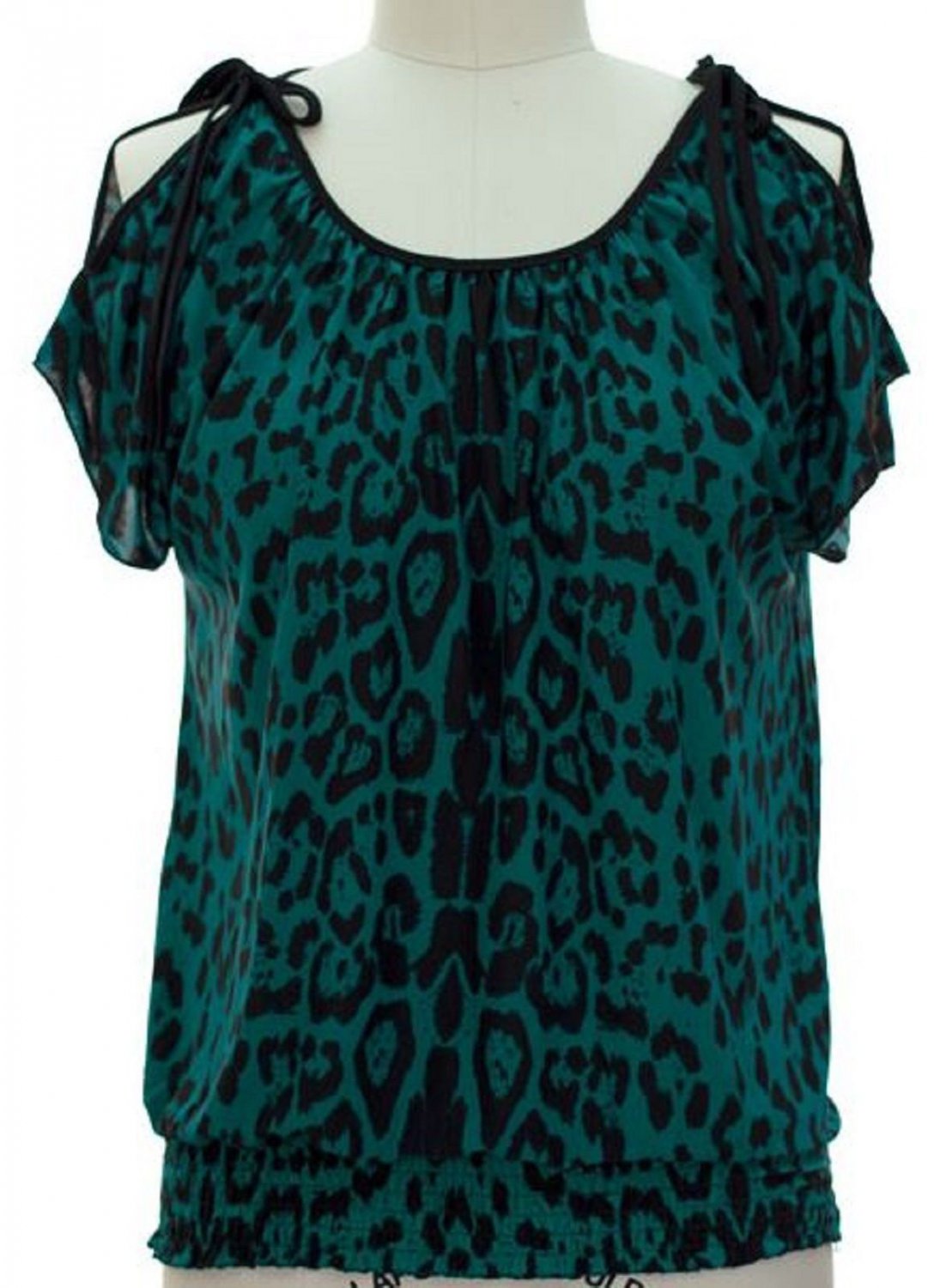 jon and anna S Blue Cold Shoulder Top Leopard Print Blouse Peek-a-Boo Shirt Womens 717
