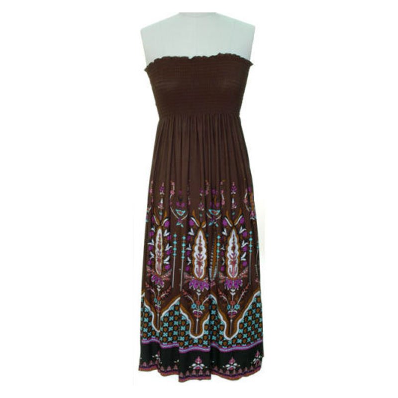 jon & anna M Strapless Maxi Dress Womens Dark Brown Purple Aztec Smocked Stretch 7042