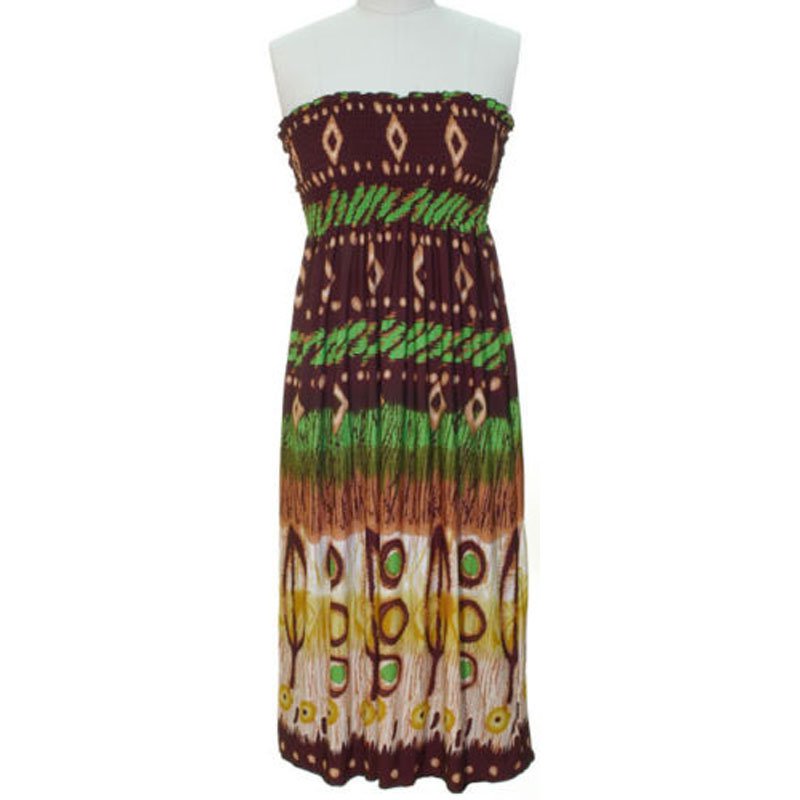 jon & anna S Strapless Maxi Dress Womens Brown Green Tribal Smocked Stretch 7042
