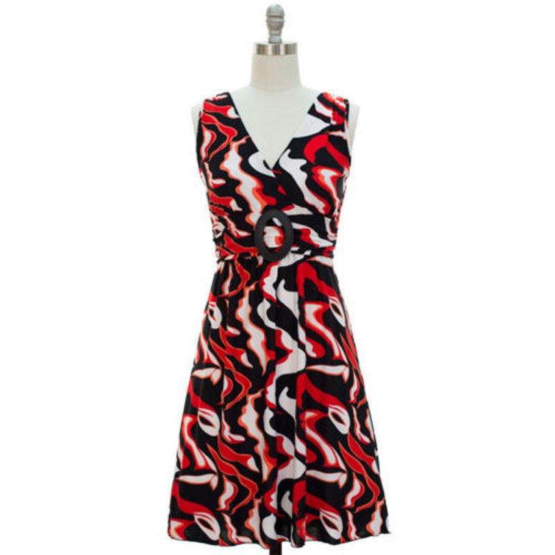 jon & anna S V-neck Dress with Buckle Red Wave Print Surplice Knee Length Womens 7053