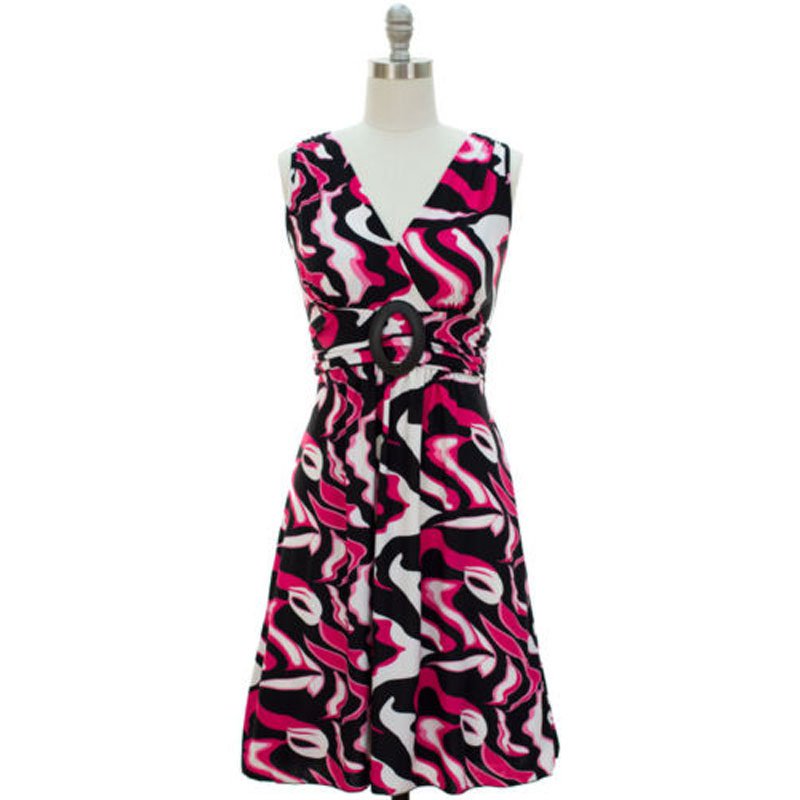 jon & anna M V-neck Dress with Buckle Pink Wave Print Surplice Knee Length Womens 7053