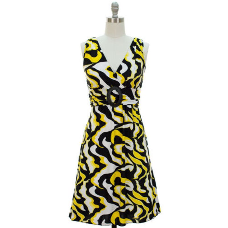 jon & anna M V-neck Dress with Buckle Yellow Wave Print Surplice Knee Length Womens 7053