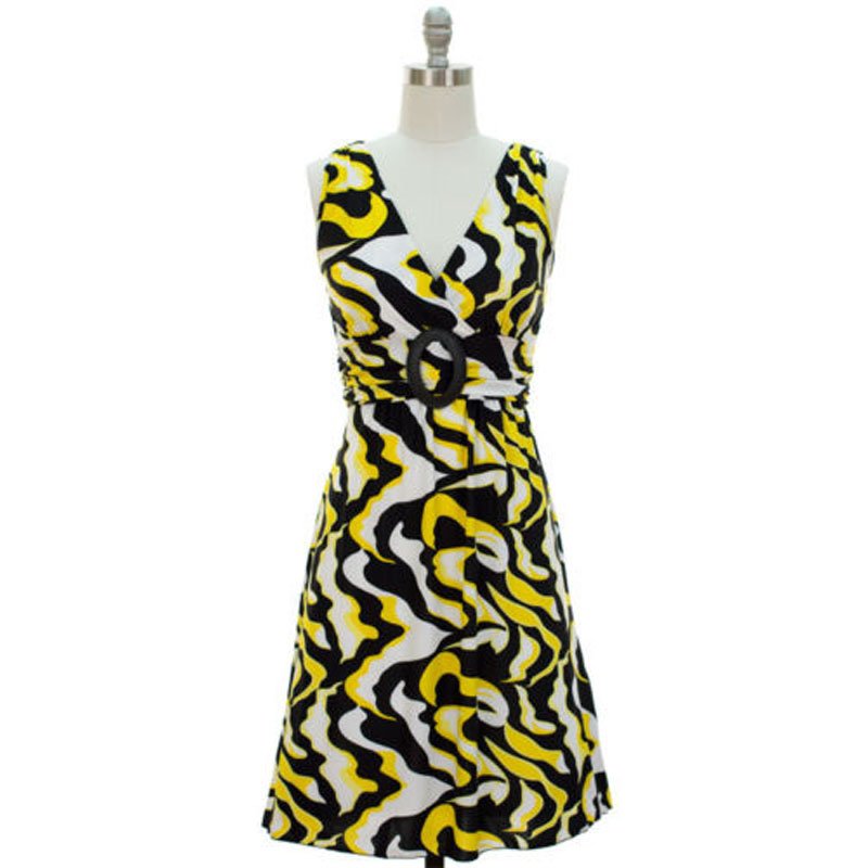 jon & anna S V-neck Dress with Buckle Yellow Wave Print Surplice Knee Length Womens 7053