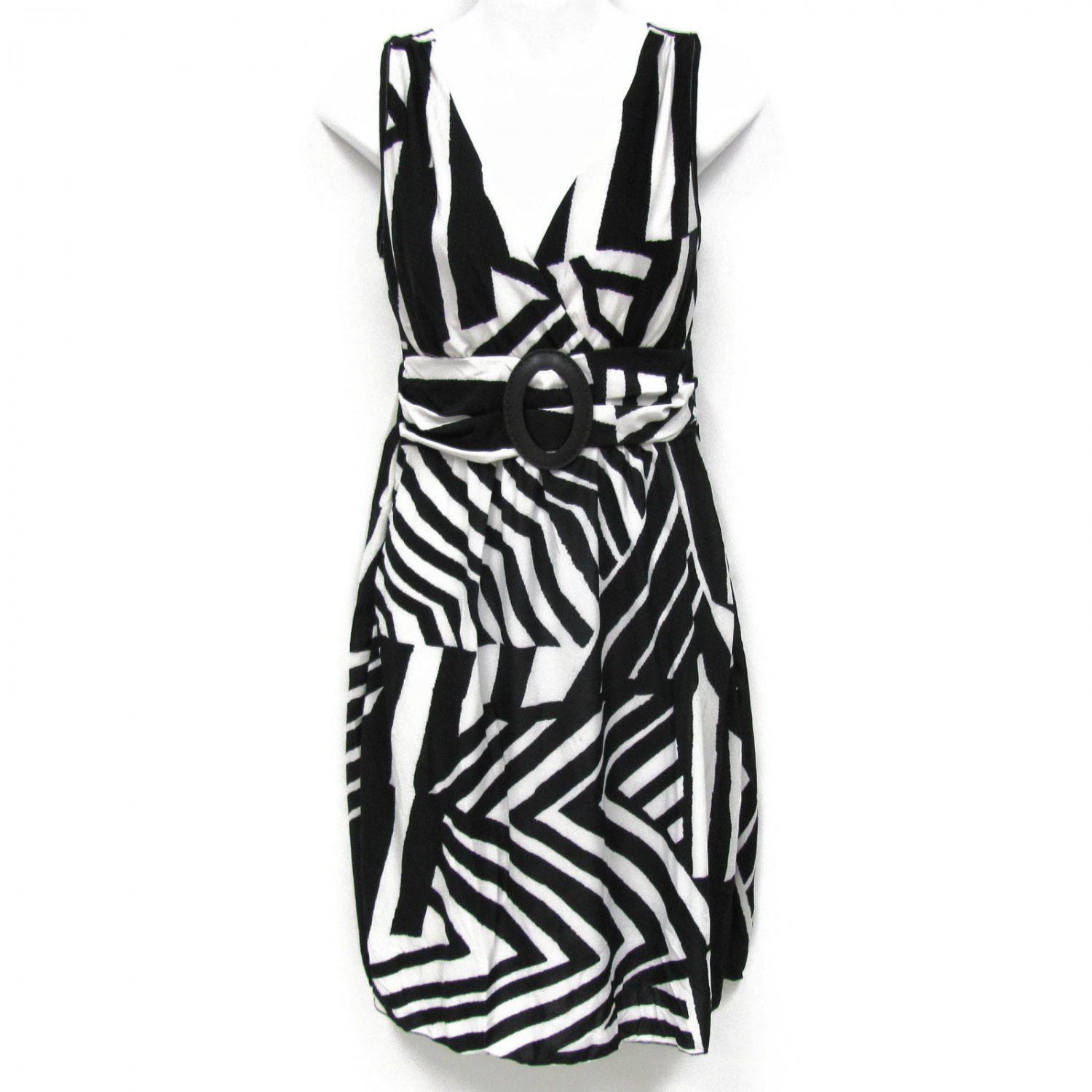 jon & anna S V-neck Dress with Buckle Sleeveless Black and White Womens 7053