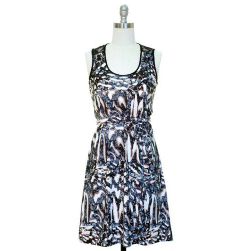 jon and anna Dress M Cadet Blue Abstract Print Lace Black Sleeveless Womens 7079