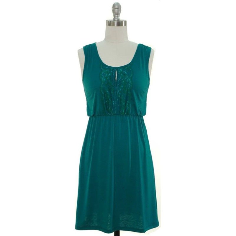jon & anna L Blouson Dress Teal Blue Jersey Knit Lace Placket Sleeveless Womens 7090 New