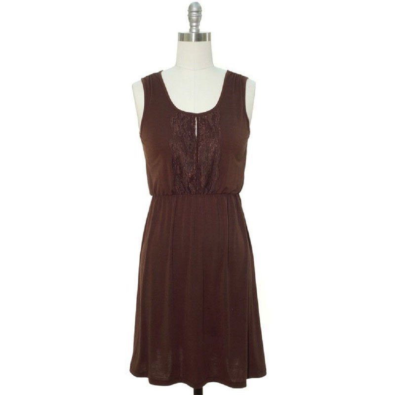 jon & anna S Blouson Dress Brown Jersey Knit Lace Placket Sleeveless Womens 7090 New
