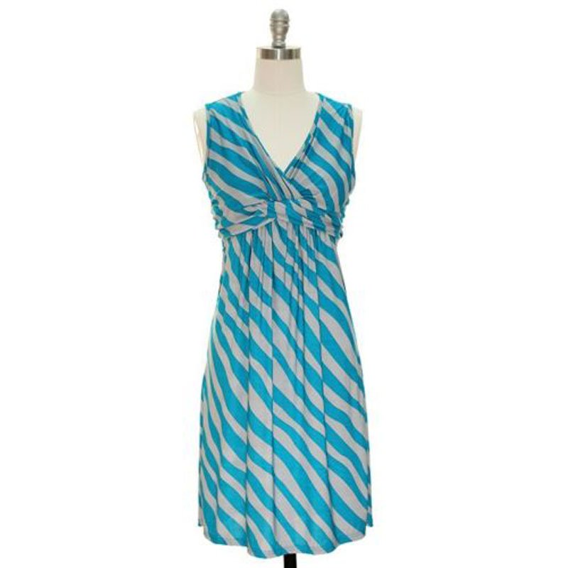 jon & anna S V-neck Sleeveless Dress Blue Gray Striped Knotted Front Knee-Length 7097