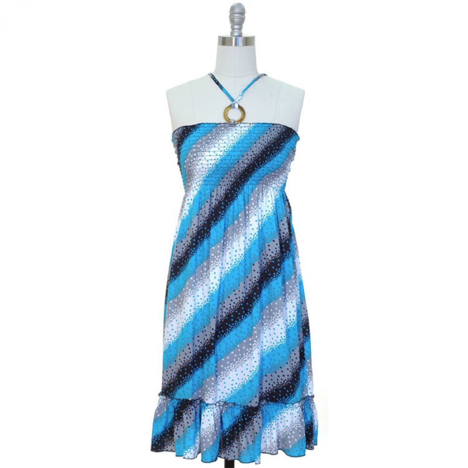 jon & anna M Blue Stripe Smocked O-Ring Ruffle Dress Juniors Medium 7093 New