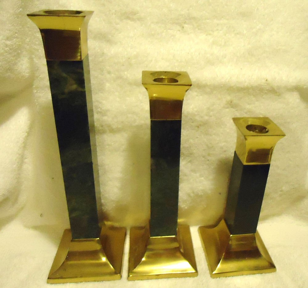 3 PC SET MATCHING CANDLESTICKS,,,BRASS & GREEN MARBLE.INDIA...APPROX 10",8" 6"