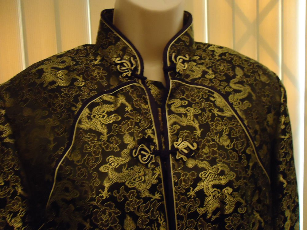 TIANYA'S DESIGN BLACK & GOLD ORIENTAL BLOUSE/TUNIC TOP/LINED/LONG SLEEVES-SIZE M