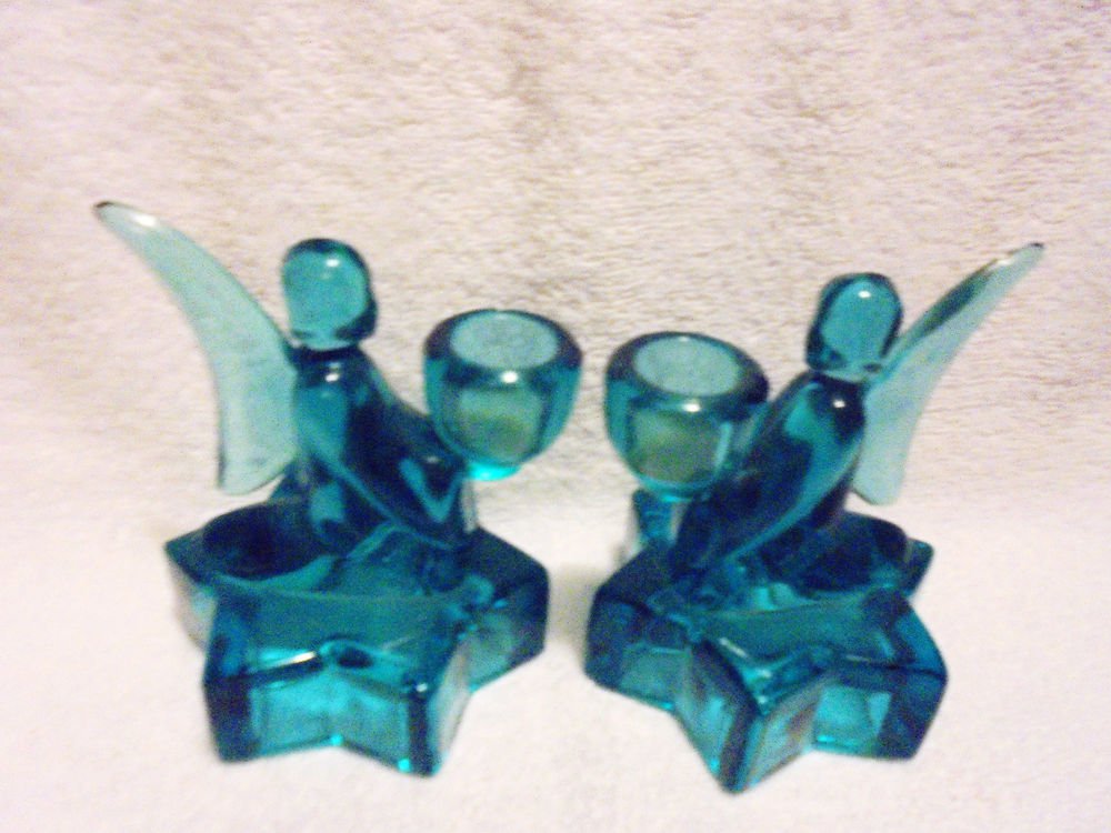 VINTAGE PAIR OF GLASS ANGEL CANDLEHOLDERS...AQUAMARINE COLOR...4 1/2" TALL