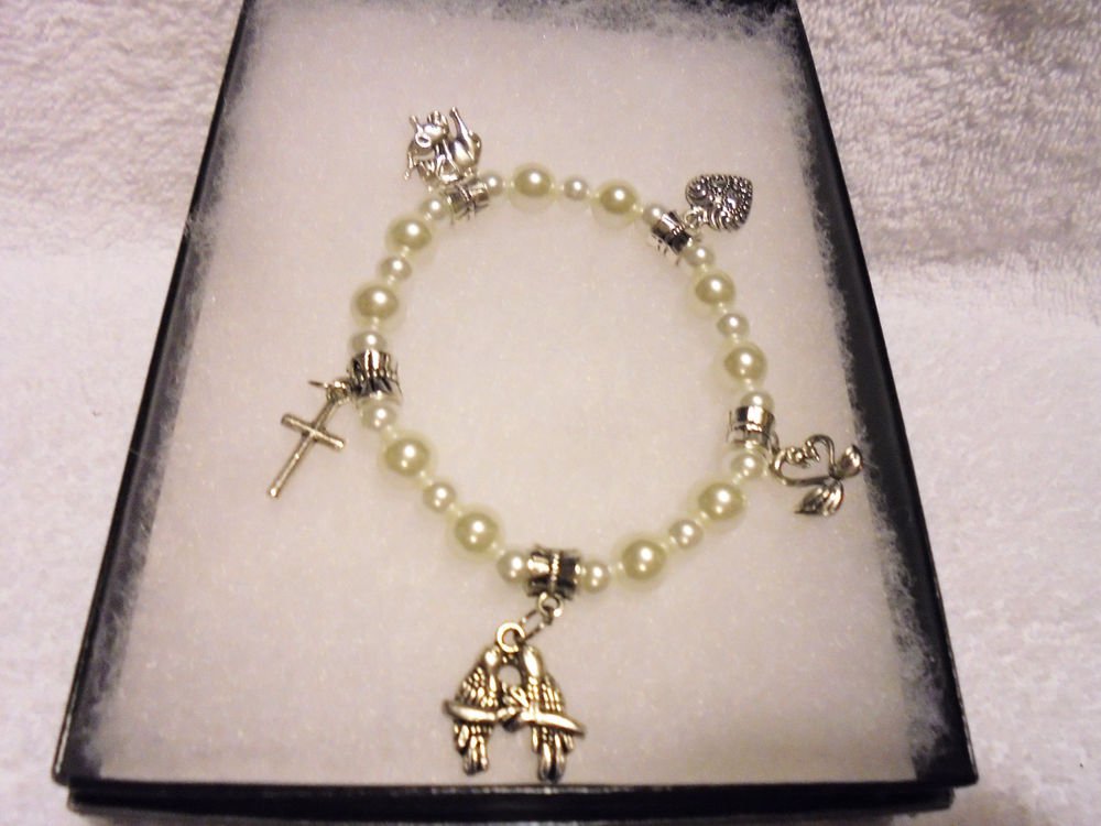 5 CHARM WHITE BEADED STRETCH BRACELET ...8MM & 6MM BEADS