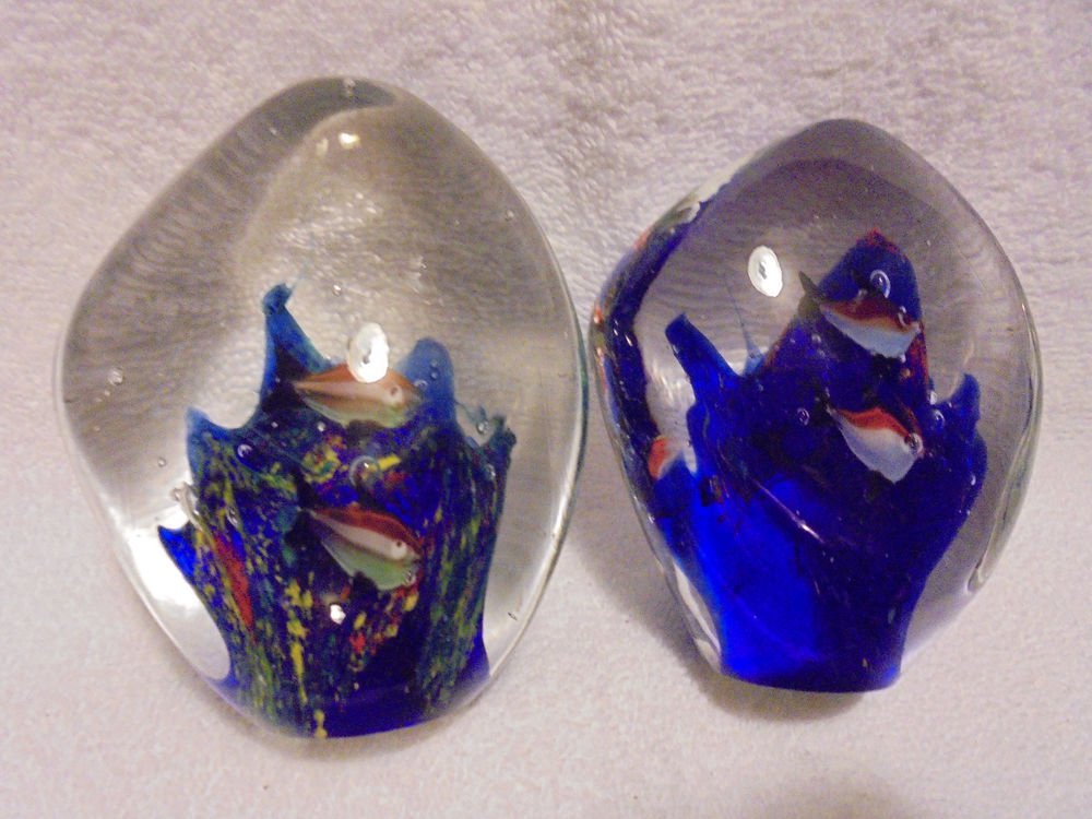 2 GLASS PAPERWEIGHTS-FISH.... BRIGHT AND COLORFUL.APPROX 4 1/4" TALL..NICE