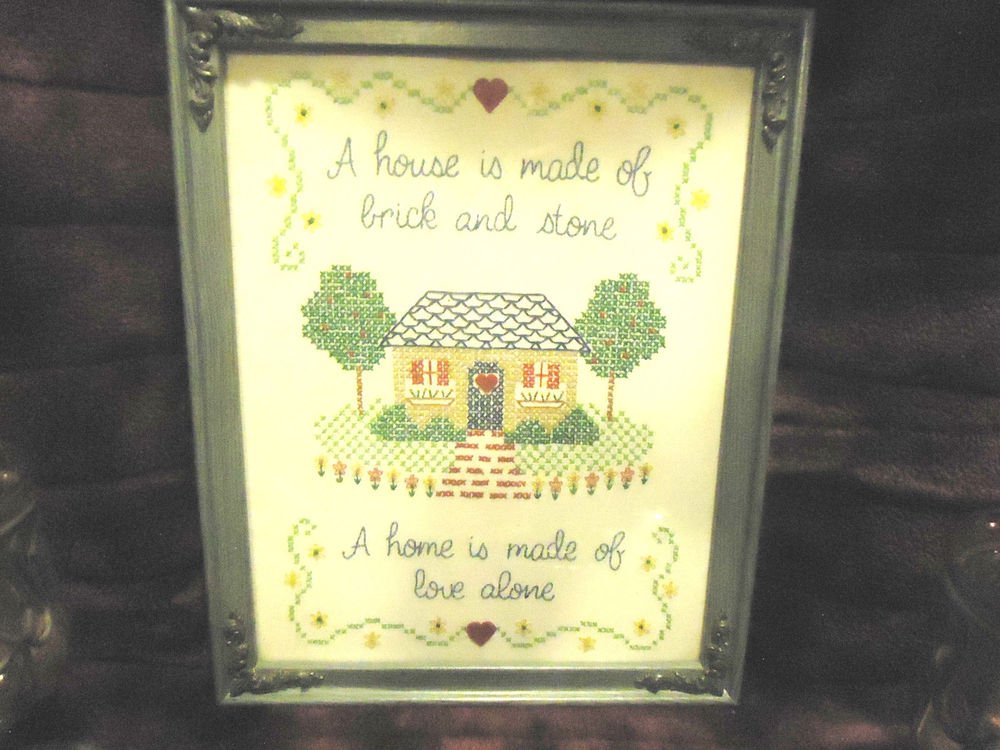 VINTAGE FRAMED CROSS STITCH SAMPLER-"A HOME IS MADE OF LOVE ALONE" 15 1/2"TALL
