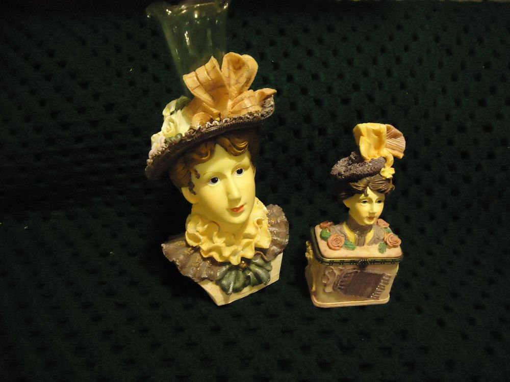 TRINKET BOX & LADY HEADVASE ...DETAILED/DELICATE MOLDED...GREAT COLORING..CHINA