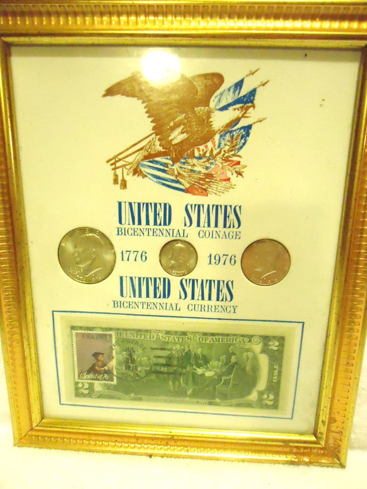 NICE U.S. BIECENTENNIAL COINAGE AND CURRENCY - ALSO POSTMARKED BILL...FRAMED