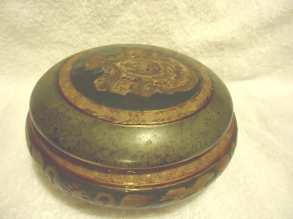 VINTAGE CHINESE ORIENTAL ACCENT/TRINKET BOX WITH LID...GREEN/GOLD LARGE...